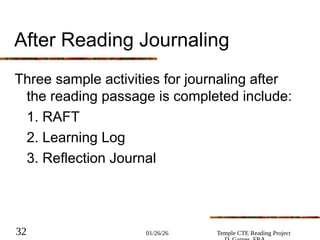 01/26/26 Temple CTE Reading Project
32
After Reading Journaling
Three sample activities for journaling after
the reading passage is completed include:
1. RAFT
2. Learning Log
3. Reflection Journal
 