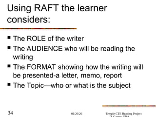 01/26/26 Temple CTE Reading Project
34
Using RAFT the learner
considers:
 The ROLE of the writer
 The AUDIENCE who will be reading the
writing
 The FORMAT showing how the writing will
be presented-a letter, memo, report
 The Topic—who or what is the subject
 