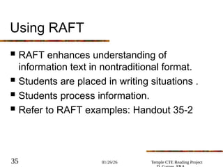 01/26/26 Temple CTE Reading Project
35
Using RAFT
 RAFT enhances understanding of
information text in nontraditional format.
 Students are placed in writing situations .
 Students process information.
 Refer to RAFT examples: Handout 35-2
 