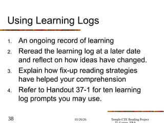 01/26/26 Temple CTE Reading Project
38
Using Learning Logs
1. An ongoing record of learning
2. Reread the learning log at a later date
and reflect on how ideas have changed.
3. Explain how fix-up reading strategies
have helped your comprehension
4. Refer to Handout 37-1 for ten learning
log prompts you may use.
 