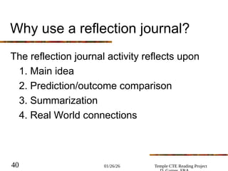 01/26/26 Temple CTE Reading Project
40
Why use a reflection journal?
The reflection journal activity reflects upon
1. Main idea
2. Prediction/outcome comparison
3. Summarization
4. Real World connections
 