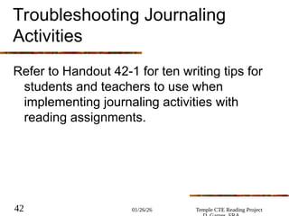 01/26/26 Temple CTE Reading Project
42
Troubleshooting Journaling
Activities
Refer to Handout 42-1 for ten writing tips for
students and teachers to use when
implementing journaling activities with
reading assignments.
 