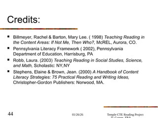 01/26/26 Temple CTE Reading Project
44
Credits:
 Billmeyer, Rachel & Barton, Mary Lee. ( 1998) Teaching Reading in
the Content Areas: If Not Me, Then Who?, McREL, Aurora, CO.
 Pennsylvania Literacy Framework ( 2002), Pennsylvania
Department of Education, Harrisburg, PA
 Robb, Laura. (2003) Teaching Reading in Social Studies, Science,
and Math, Scholastic: NY,NY
 Stephens, Elaine & Brown, Jean. (2000) A Handbook of Content
Literacy Strategies: 75 Practical Reading and Writing Ideas,
Christopher-Gordon Publishers: Norwood, MA.
 