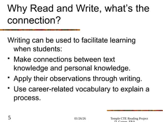 01/26/26 Temple CTE Reading Project
5
Why Read and Write, what’s the
connection?
Writing can be used to facilitate learning
when students:
 Make connections between text
knowledge and personal knowledge.
 Apply their observations through writing.
 Use career-related vocabulary to explain a
process.
 