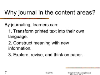 01/26/26 Temple CTE Reading Project
7
Why journal in the content areas?
By journaling, learners can:
1. Transform printed text into their own
language.
2. Construct meaning with new
information.
3. Explore, revise, and think on paper.
 