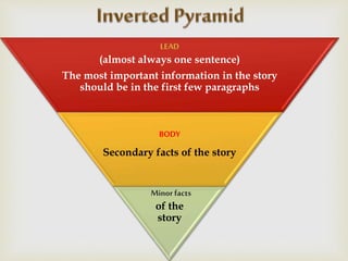 
LEAD
(almost always one sentence)
The most important information in the story
should be in the first few paragraphs
BODY
Secondary facts of the story
Minor facts
of the
story
 