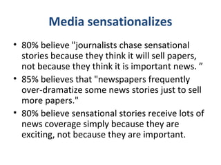 Media sensationalizes
• 80% believe "journalists chase sensational
stories because they think it will sell papers,
not because they think it is important news. ”
• 85% believes that "newspapers frequently
over-dramatize some news stories just to sell
more papers."
• 80% believe sensational stories receive lots of
news coverage simply because they are
exciting, not because they are important.
 