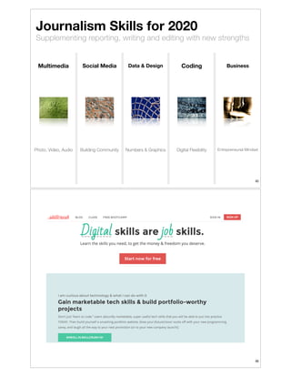 Journalism Skills for 2020

Supplementing reporting, writing and editing with new strengths

Multimedia

Social Media

Data & Design

Coding

Business

Photo, Video, Audio

Building Community

Numbers & Graphics

Digital Flexibility

Entrepreneurial Mindset

!45

!46

 
