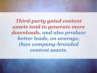 Third-party gated content
assets tend to generate more
downloads, and also produce
better leads, on average,
than company-branded
content assets.
 