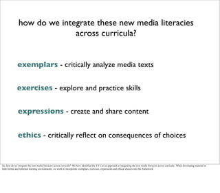 how do we integrate these new media literacies
across curricula?
exercises - explore and practice skills
exemplars - criti...