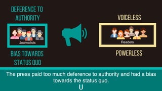 The press paid too much deference to authority and had a bias
towards the status quo.
Journalists Readers
DEFERENCE TO
AUTHORITY
BIAS TOWARDS
STATUS QUO
Voiceless
Powerless
 