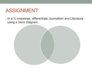 ASSIGNMENT:
• In a ½ crosswise, differentiate Journalism and Literature
using a Venn Diagram.
 