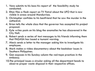 1. Vanz submits to his boss his report of the feasibility study he
conducted.
2. Elton files a flash report on TV Patrol about the UFO that is now
visible in areas around Mandurriao.
3. Christopher confides to his bestfriend that he saw the murder in the
cathedral.
4. Brian tells the whole class that the governor has accepted his project
proposal.
5. Kyle writes posts on his blog the anomalies he has discovered in the
City Hall.
6. Robert sends a series of text messages to his friends informing them
that PAGASA has issued a tsunami warning.
7. Alexis sends a letter to the manager asking him to investigate his
employee.
8. Mark makes a video documentary about the backdoor issues in
Southern Philippines.
9. Gen exposes in his Sunday column the red-tape practices in the
embassy.
10.The principal issues a circular asking all the department heads to
observe proper waste disposal in their respective offices.
 