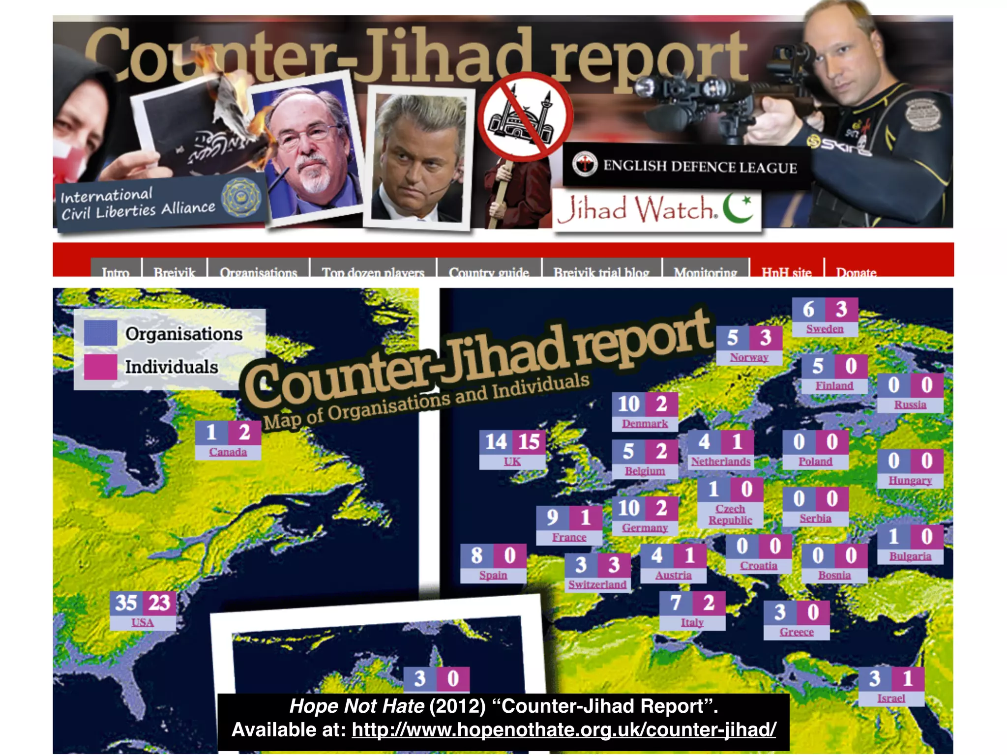 Hope Not Hate (2012) “Counter-Jihad Report”. 
Available at: http://www.hopenothate.org.uk/counter-jihad/
 