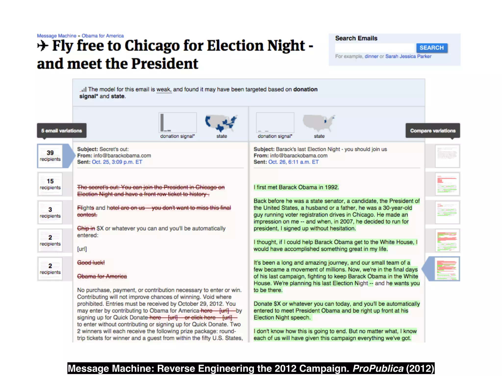 Message Machine: Reverse Engineering the 2012 Campaign. ProPublica (2012)
 