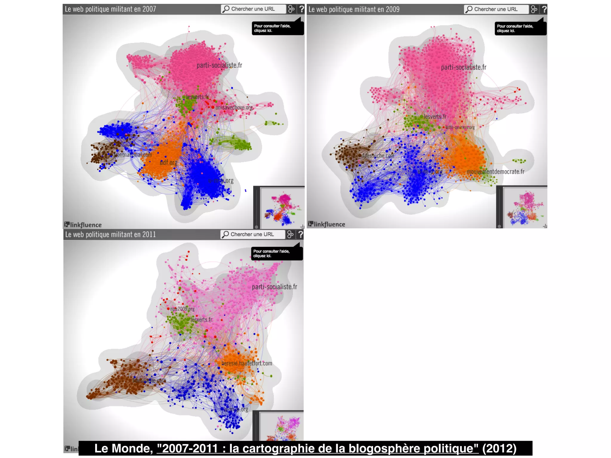 Le Monde, "2007-2011 : la cartographie de la blogosphère politique" (2012)
 