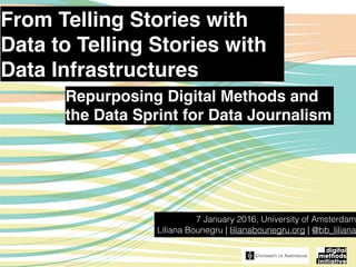 From Telling Stories with
Data to Telling Stories with
Data Infrastructures
7 January 2016, University of Amsterdam
Liliana Bounegru | lilianabounegru.org | @bb_liliana
Repurposing Digital Methods and
the Data Sprint for Data Journalism
 
