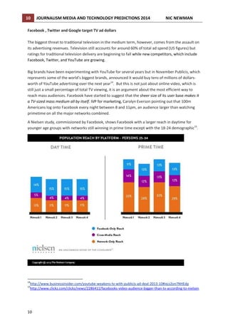 10

JOURNALISM MEDIA AND TECHNOLOGY PREDICTIONS 2014

NIC NEWMAN

Facebook , Twitter and Google target TV ad dollars
The biggest threat to traditional television in the medium term, however, comes from the assault on
its advertising revenues. Television still accounts for around 60% of total ad spend (US figures) but
ratings for traditional television delivery are beginning to fall while new competitors, which include
Facebook, Twitter, and YouTube are growing.
Big brands have been experimenting with YouTube for several years but in November Publicis, which
represents some of the world’s biggest brands, announced it would buy tens of millions of dollarsworth of YouTube advertising over the next year14. But this is not just about online video, which is
still just a small percentage of total TV viewing, it is an argument about the most efficient way to
reach mass audiences. Facebook have started to suggest that the sheer size of its user base makes it
a TV-sized mass medium all by itself. IVP for marketing, Carolyn Everson pointing out that 100m
Americans log onto Facebook every night between 8 and 11pm, an audience larger than watching
primetime on all the major networks combined.
A Nielsen study, commissioned by Facebook, shows Facebook with a larger reach in daytime for
younger age groups with networks still winning in prime time except with the 18-24 demographic15.

14

http://www.businessinsider.com/youtube-weakens-tv-with-publicis-ad-deal-2013-10#ixzz2on7NHEdp
http://www.clickz.com/clickz/news/2286411/facebooks-video-audience-bigger-than-tv-according-to-nielsen

15

10

 