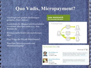 Quo Vadis, Micropayment? Kachingle mit großen Hoffnungen gestartet, Flattr ebenso Auch deutsche Blogger und Journalisten versuchen Micropayment (u.a. Jens Weinreich) Bislang macht Kleinvieh noch keinen Mist Eine Frage des Paypal-Misstrauens? Brauchen Micropayments eine Marktbereinigung? 