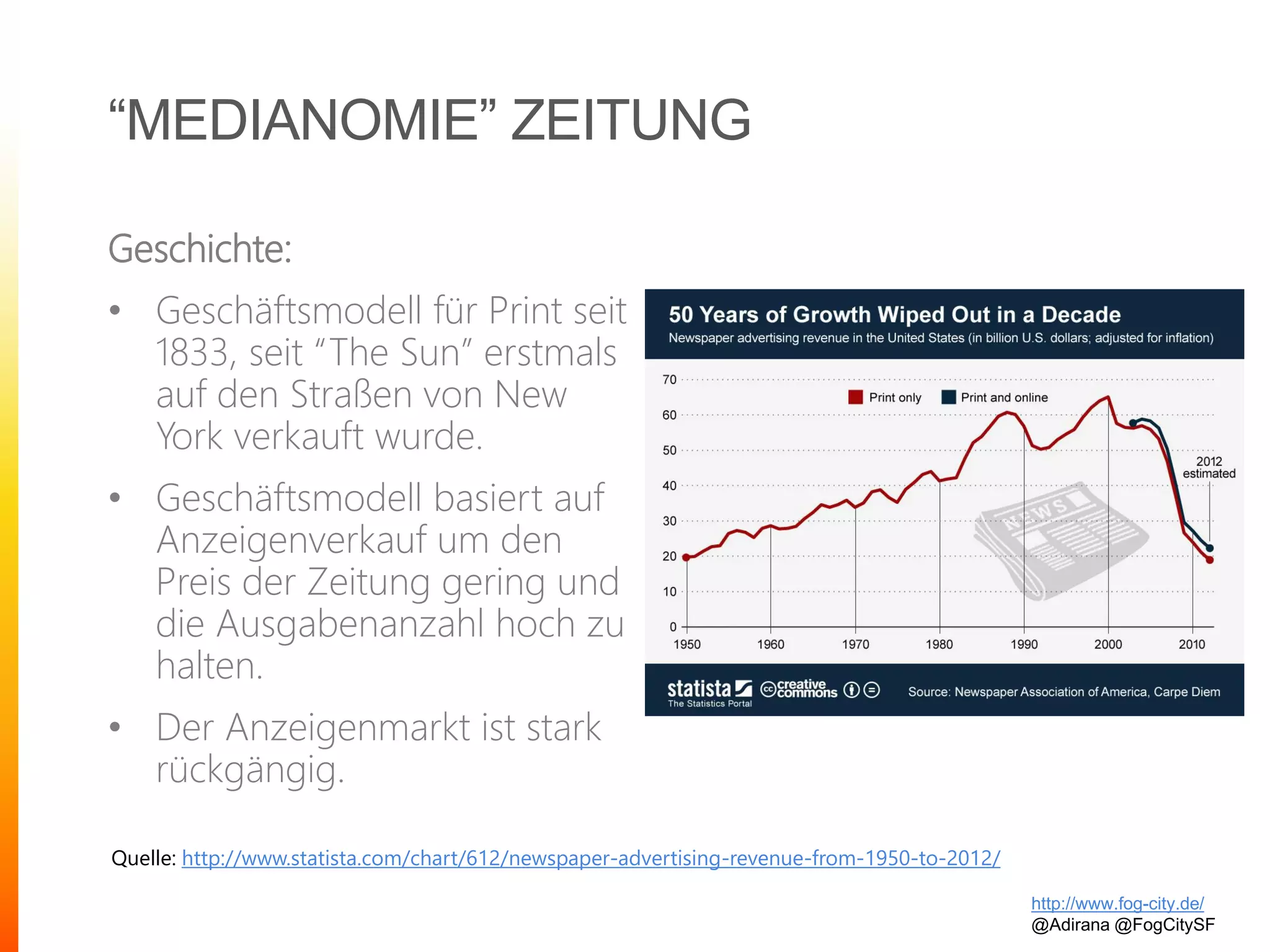 “MEDIANOMIE” ZEITUNG
Geschichte:
• Geschäftsmodell für Print seit
1833, seit “The Sun” erstmals
auf den Straßen von New
York verkauft wurde.
• Geschäftsmodell basiert auf
Anzeigenverkauf um den
Preis der Zeitung gering und
die Ausgabenanzahl hoch zu
halten.
• Der Anzeigenmarkt ist stark
rückgängig.
http://www.fog-city.de/
@Adirana @FogCitySF
Quelle: http://www.statista.com/chart/612/newspaper-advertising-revenue-from-1950-to-2012/
 