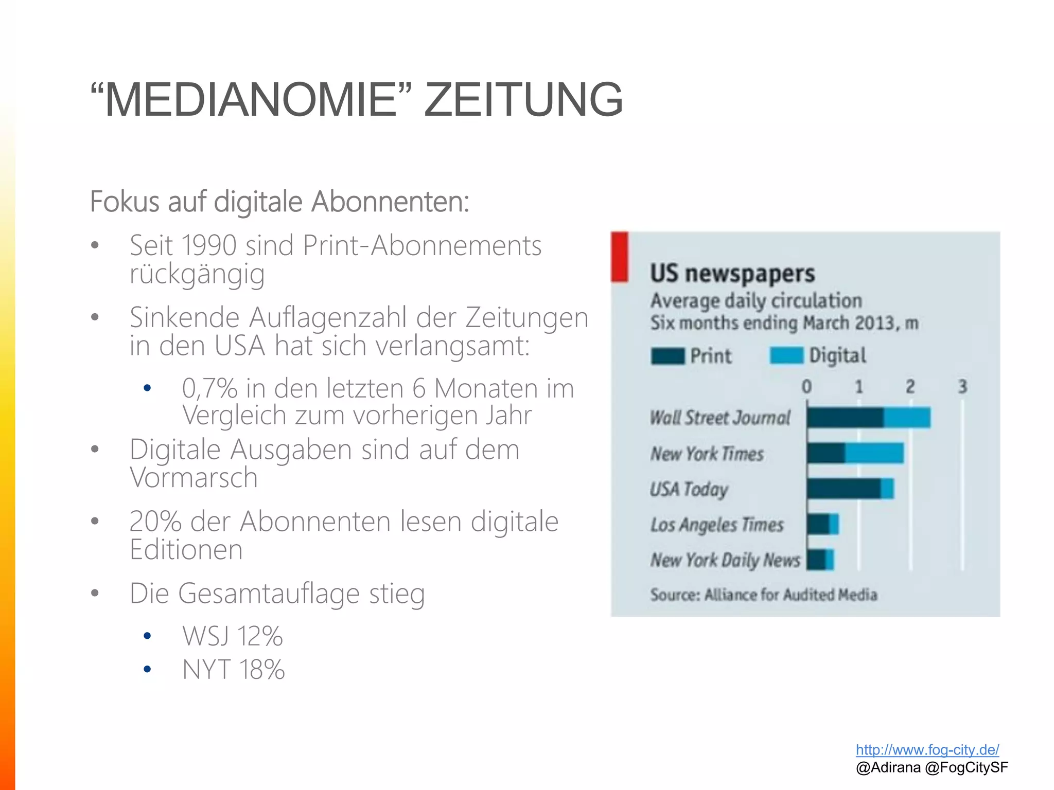 “MEDIANOMIE” ZEITUNG
Fokus auf digitale Abonnenten:
• Seit 1990 sind Print-Abonnements
rückgängig
• Sinkende Auflagenzahl der Zeitungen
in den USA hat sich verlangsamt:
• 0,7% in den letzten 6 Monaten im
Vergleich zum vorherigen Jahr
• Digitale Ausgaben sind auf dem
Vormarsch
• 20% der Abonnenten lesen digitale
Editionen
• Die Gesamtauflage stieg
• WSJ 12%
• NYT 18%
http://www.fog-city.de/
@Adirana @FogCitySF
 