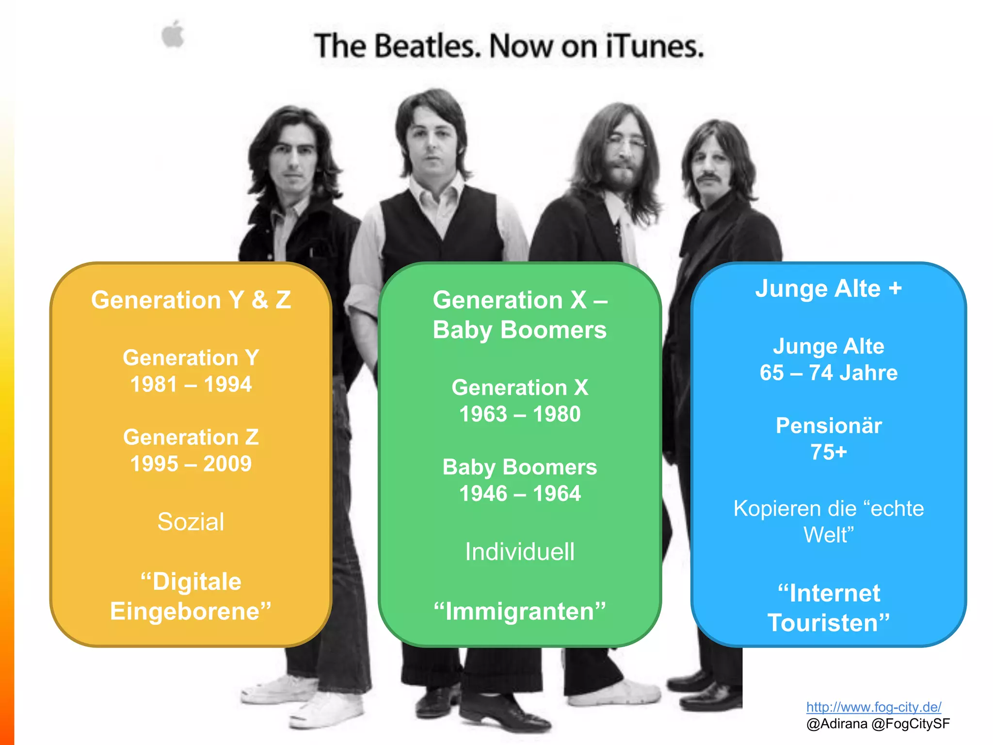 http://www.fog-city.de/
@Adirana @FogCitySF
Generation Y & Z
Generation Y
1981 – 1994
Generation Z
1995 – 2009
Sozial
“Digitale
Eingeborene”
Generation X –
Baby Boomers
Generation X
1963 – 1980
Baby Boomers
1946 – 1964
Individuell
“Immigranten”
Junge Alte +
Junge Alte
65 – 74 Jahre
Pensionär
75+
Kopieren die “echte
Welt”
“Internet
Touristen”
 