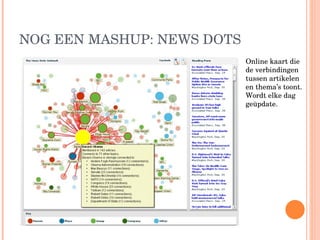 NOG EEN MASHUP: NEWS DOTS O nline kaart die de verbindingen tussen artikelen en thema’s toont.  Wordt elke dag geüpdate. 