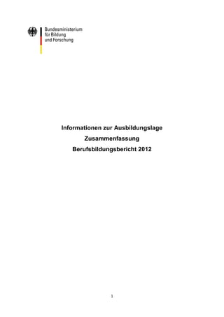 Informationen zur Ausbildungslage
       Zusammenfassung
   Berufsbildungsbericht 2012




                1
 