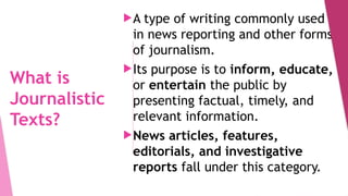Short Journalistic Text Example Journalistic Texts (News and its elements) | PPTX