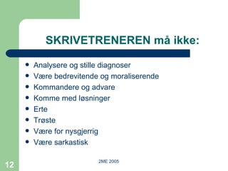 SKRIVETRENEREN må ikke: Analysere og stille diagnoser Være bedrevitende og moraliserende Kommandere og advare Komme med løsninger Erte Trøste Være for nysgjerrig Være sarkastisk 