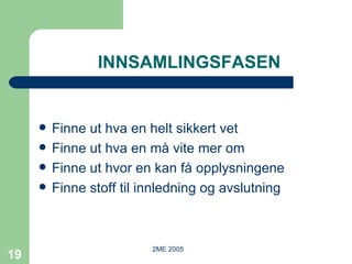 INNSAMLINGSFASEN Finne ut hva en helt sikkert vet Finne ut hva en må vite mer om Finne ut hvor en kan få opplysningene Finne stoff til innledning og avslutning 
