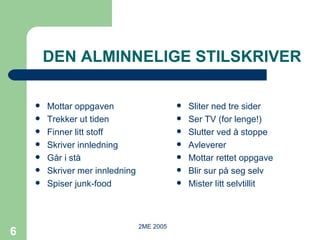 DEN ALMINNELIGE STILSKRIVER Mottar oppgaven Trekker ut tiden Finner litt stoff Skriver innledning Går i stå Skriver mer innledning Spiser junk-food Sliter ned tre sider Ser TV (for lenge!) Slutter ved å stoppe Avleverer Mottar rettet oppgave Blir sur på seg selv Mister litt selvtillit 