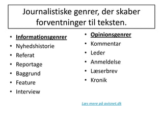 Journalistiske genrer, der skaber forventninger til teksten.OpinionsgenrerKommentarLederAnmeldelseLæserbrevKronikInformationsgenrerNyhedshistorieReferatReportageBaggrundFeatureInterviewLæs mere på avisnet.dk