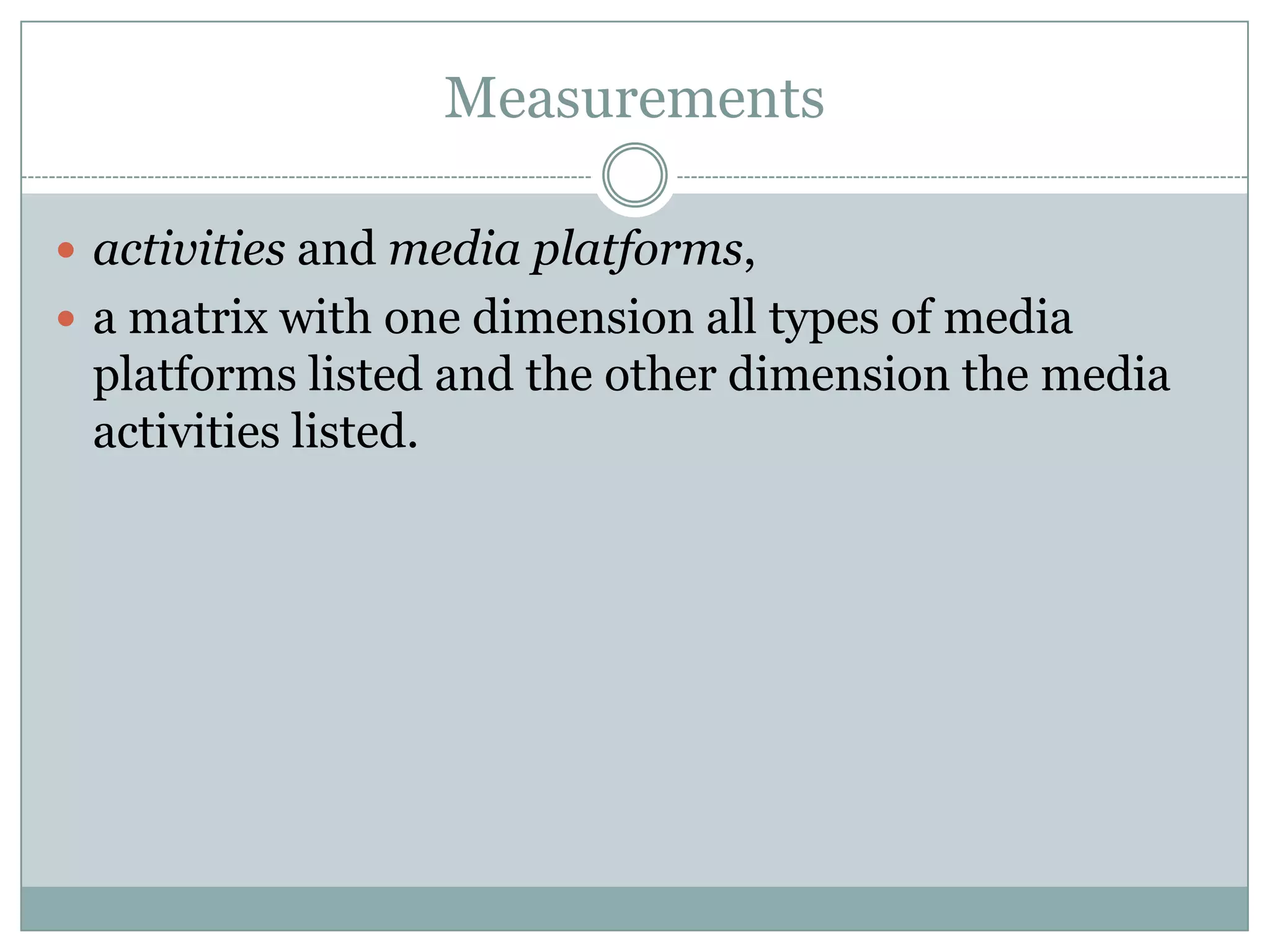 Measurements activities and media platforms, a matrix with one dimension all types of media platforms listed and the other dimension the media activities listed. 