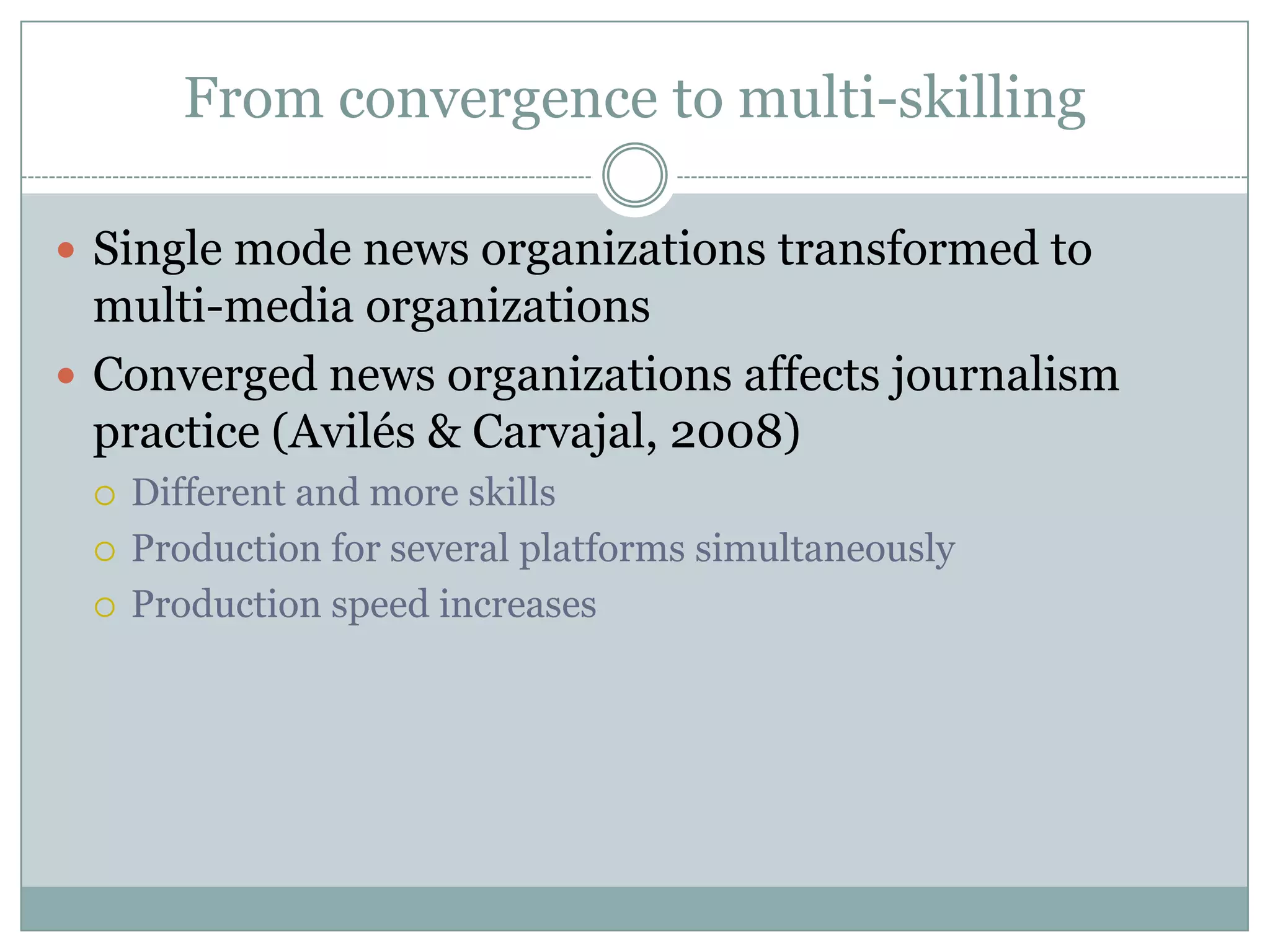From convergence to multi-skillingSingle mode news organizations transformed to multi-media organizationsConverged news organizations affects journalism practice (Avilés & Carvajal, 2008)Different and more skillsProduction for several platforms simultaneouslyProduction speed increases