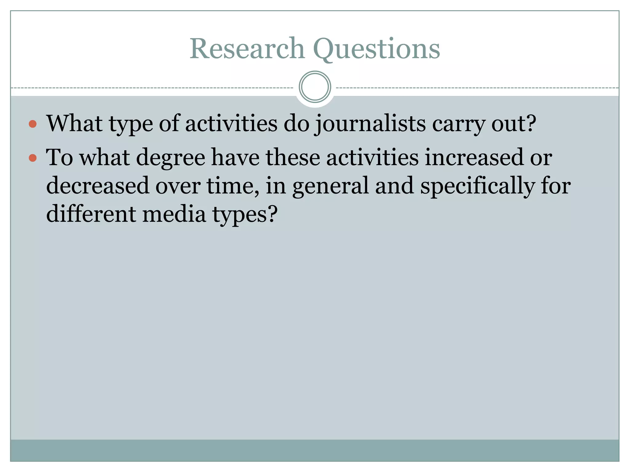 Research QuestionsWhat type of activities do journalists carry out?To what degree have these activities increased or decreased over time, in general and specifically for different media types?