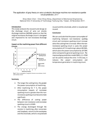 The application of gray theory on wire cut electric discharge machine non-resistance sparkle
circuit prediction, 2017
Shao-Hsien Chen ∙ Chen-Peng Wang, Department of Mechanical Engineering
National Chin-Yi University of Technology Taichung City, Taiwan. 30 November 2017.
Introduction
This study conducts the research and design on
the discharge circuit of wire cut electric
discharge machine (WEDM) system so that the
original resistance discharge circuit is designed
and improved to be non-resistance discharge
circuit.
Impact on the machining power from different
Circuits
Summary
 The longer the cutting time, the greater
the power consumption of machining.
 After machining for 7 h, the power
consumption impacts of resistance
sparking circuit is greater than the non-
resistance sparkingcircuitbecomemore
significant.
 The difference of cutting power
between non-resistance and resistance
sparking circuit is 6 KWh
 The energy discharged through the
resistor in machining, after conversion
and loopback, returns to the workpiece
and the electrode,whichisrecycledand
reused and the electrode, which is recycled and
reused.
Conclusion
We can conclude thatthe powerconsumptionof
machining between non-resistance sparking
circuit and resistance sparking circuit increase
whenthe cuttingtime isincrease.Whenthenon-
resistance sparking circuit is used, the power
consumptionof 7-h machiningisabout 40 KWh,
whichsavesthe powerconsumptionby 10~20%
whencomparedto general sparkingcircuit. The
improvedgraypredictionmodel GM(1,1) + ESM
can be used to reduce the error. In this way, it
reduces the power consumption and
temperature generation in machining circuit.
 