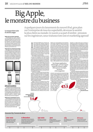 47,3
2006
23 %
de la valeur
de Microsoft
I
ldevraitêtrelàdébutmars,suscitant,com-
me à chaque fois, l’hystérie, attirant les
foulesvenuesformerdelonguesfilesd’at-
tente devant les magasins dans l’espoir
d’être le premier à en faire l’acquisition.
Lui,c’estl’iPad.Letroisièmedunom.Etcet-
tenouvellemouturedelatablettetactiled’Apple
devrait se vendre autant que les précédentes. A
savoir, beaucoup. Car chez Apple, on ne fait pas
les choses comme les autres. Lorsqu’on lance un
produit, il s’en vend des millions… En un temps
record. Record, un mot qui revient comme une
rengainequand on parle d’Apple.
Les résultats trimestriels, publiés en janvier,
en sont un bel exemple. En trois mois, entre le
1er
octobre et le 31décembre 2011, date à laquelle
seclôtle premiertrimestredesonexercicefiscal,
lafirmeàlapommeaengrangé13,06milliardsde
dollarsdebénéfices.Enregistrant,ainsi,unehaus-
se de 118% par rapport au premier trimestre de
l’annéeprécédente.Lechiffred’affairesa,quantà
lui,bondide111%,passantà46,33milliardsdedol-
lars. A titre de comparaison, le chiffre d’affaires
del’année2011danssonintégralitéétaitd’unpeu
plus de 100milliards de dollars. En un trimestre,
Apple a générépresque la moitié de ce qu’il avait
engrangél’annéeprécédente.Ce ne sont pas tant
lesmontantsqui fonttournerla têteque lavites-
se à laquelle ils croissent.
Côté ventes, les chiffres sont tout aussi impres-
sionnants: 37millions d’iPhone écoulés en trois
mois(entreoctobreetdécembre2011),180millions
depuis le lancement, en 2007, de ce téléphone,
devenu culte. Sans oublier les 15,4millions d’iPad
vendus,ledoubledesvolumesécoulésaupremier
trimestre2011.Grâceàcesrésultatsexceptionnels,
Appleaaccumuléunetrésorerieincroyabledepres-
que100milliardsdedollars.
Apple est donc une entreprise hors norme,
cofondéeen1976parunpatronhorsnorme:Ste-
veJobs. LePDGemblématiquequi avaittoujours
l’habitude de présenter ses innovations en jean,
baskets et tee-shirt est celui qui semble avoir
impulsé le feu sacré à un groupe, qui, il y a dix
ans,prenaitl’eau.Aforced’inventivité,d’innova-
tions et, il faut le rappeler, de pression sur ses
ingénieurs, Steve Jobs a ressuscité Apple. Il y eut
d’abordl’iPoden2001,l’iPhoneen2007,etenfin,
l’iPaden 2010. Trois produits qui ont révolution-
né les usages. Transportertoute sa musique avec
soi ou encore surfer sur la Toile dans le métro
sont devenus des habitudes. Il n’en a pas fallu
pluspourconstruireunevéritablecommunauté
de fans qui, à la mort de Steve Jobs, l’ont pleuré
comme une idole. Des petits autels improvisés,
composésd’unephoto,d’unebougieetd’uneger-
be de fleurs ont même été dressés par des fans
éplorés devant les Apple Store du monde entier.
Lesraisonsdecesuccès?L’inventiond’unéco-
système sans pareil. Selon Francisco Jeronimo,
analyste pour le cabinet IDC, personne avant
Applen’avaitpermisunetelleexpérienceutilisa-
teur.Lesproduitssontdesignettrèsfacilesàutili-
ser. «Un enfant de 3 ans y arriverait», note l’ana-
lyste,quipointel’inventiond’iTunesetdel’Apps-
tore, le magasin d’applications de l’iPhone et de
l’iPad: «Non seulement ils ont créé des produits
innovants, mais en plus ils ont inventé des maga-
sinsdemusiqueetd’applicationsd’oùonpeuttélé-
charger les programmes le plus simplement du
monde. Avant l’Appstore, il y avait des sites qui
proposaient des applications pour d’autres télé-
phones, mais personne n’avait songé à les réunir
aumêmeendroit.L’Appstoreetl’iTunessontcom-
me des centres commerciauxnumériques!»
Appleaainsi crééun marché,
etlesdéveloppeursd’applications
sesontengouffrésdanslabrè-
che. Avec eux, comme
avec tous ses autres par-
tenaires, le groupe de
Cupertino négocie sec.
Sur chaque applica-
tion téléchargée,
30% de l’argent
empoché va à Apple. Idem pour la musique, et
maintenantles livres et les magazines.Les opéra-
teurs téléphoniques se voient réserver un traite-
mentsimilaire: le prixdu téléphoneetla somme
qu’ils investissent sur le prix du mobile, appelée
«subventionopérateur», leur sont imposés. En
outre,ilsnevoientjamaisleproduitavantsonlan-
cementetneletestentpas,contrairementàlapra-
tiquedesautresconstructeurs.
Il n’y a jamais de présentation de produits
estampillésdelafameusepommelorsdesgrands
Salons électroniques non plus, tels que le Consu-
mer ElectronicShow, qui se tient tousles mois de
janvier à Las Vegas, ou encore le Mobile World
CongressdeBarcelone.«Ce sontdes roisdansleur
château, pourquoi iraient-ils se mêler au peu-
ple?», ironiseM.Jeronimo.
Obsédée par le secret, la firme a trop peur des
fuites. Une habitude qui lui a quand même valu
quelquesratés:l’antennedel’iPhone4,quinecap-
tait pas bien au début, et la batterie de certains
iPhone 4S, qui ne tenait pas la journée. Qu’à cela
netienne,cesaccidentssontréparésàlavitessede
l’éclair et oubliés encore plus vite tant l’image de
lamarqueAppleestpuissanteauprèsd’unpublic
qui semble prêt à tout lui pardonner. Même les
conditionsdetravaildesouvriersdesonsous-trai-
tant,Foxconn.
L’entreprisetaïwanaisequipossèdedes usines
en Chine, pour certaines entièrement réservées à
Apple,imposedescadencesélevéesàsesouvriers.
Ceux-ci travailleraient douzeheures par jour,
dansdesconditionsquebeaucoupdécriventcom-
metrèsloindesstandardsderespectdesdroitsde
l’homme pour un salaire minimum qui a atteint
les300eurosenfévrier2012.
Pourtant,depuis2007,Appleaffirmeeffectuer
des auditsde respectdes bonnes
conditionsdetravaildanslesusi-
nesdesessous-traitants.La Fair
LaborAssociation,uneorganisa-
tion de défense des droits des
ouvriers, a commencéle 13février
uncontrôledesusinesFoxconneta
déjà annoncé qu’il y avait «beau-
coupdeproblèmes».Laran-
çondusuccès.p
Sarah Belouezzane
décryptages L’ŒIL DU MONDE
Surchaqueapplication
téléchargée,30%del’argent
empochérevientàApple.
Idempourlamusique,
leslivres
etlesmagazines
capitalisation
boursière,
en milliards d’euros
7,4
2002
2 %
de la valeur
de Microsoft
Apple suit son propre calendrier
Contrairement aux autres construc-
teurs qui profitent des foires de l’électro-
nique grand public pour annoncer leurs
produits, la firme à la pomme a son pro-
pre calendrier. Une annonce fin janvier,
une autre en mars-avril et une dernière
en septembre-octobre rythment ses sor-
ties de produits. Les observateurs atten-
dent ainsi l’iPad3 pour le mois de mars et
l’iPhone5 pour la rentrée 2012.
Apple dicte les standards de design
Des lignes pures, des matières et des
formesléchéesainsiquedesfonctionnali-
tés d’une simplicité sans pareille sont la
marque de fabrique d’Apple. Une fois le
ton donné, les autres marques n’ont eu
qu’à suivre. En témoigne la forme carrée
du GalaxyS2 de Samsung, étrangement
similaire à celle de l’iPhone. Idem pour la
Galaxy Tab, dont la taille et l’aspect géné-
ral évoquent fortement ceux de l’iPad.
Apple remet les magasins
de marque au goût du jour
Portéeparlesuccèsdufabricantd’ordi-
nateurs Dell, la vente sur Internet a long-
temps été le modèle dominant. Avec ses
AppleStores,la firmedeCupertinoprend
le contre-pied de cette tendance et crée
unvéritablephénomènedesociété.Lafré-
quentation explose et plusieurs autres
marques suivent en ouvrant, comme
Sony, plusieurs nouveaux magasins.
Apple joue le marketing du secret
Pasdetéléphonesentestenavant-pre-
mière,pas dephotos desprototypesni de
communication sur les produits avant
leur sortie, Apple tient à conserver le sus-
pense jusqu’au bout et développe une
politique du secret quasi maladive. Les
concurrents,quiavaientl’habitudedelais-
ser filtrer les informations, s’y mettent…
dans une plus petite mesure. p
S.B.
A Shenzhen
La plus grande usine, surnommée
Foxconn City, est située à Shenzhen
en Chine, elle appartient au géant
taïwanais de la sous-traitance
en électronique Foxconn.
personnes dans le monde
assemblent des produits
Apple. Aucun d’eux n’est
salarié direct d’Apple
700 000
personnes y travaillent
sur 3 kilomètres carrés
230 000
gardiens régulent
les déplacements des ouvriers
pour éviter les écrasements
de foule
300
des employés vit sur place
dans des dortoirs de
6 à 8 lits
1/4 12 heures
Chaque équipe travaille
12 heures, et se relaie à
7h et 19h, six jours sur sept
BigApple,
lemonstredubusiness
IPad
Apple
IPhone
Apple
Galaxy S2
Samsung
Galaxy Tab
Samsung
Lamarquedictesaloi
etcréelesusages
AquelquesjoursdulancementdunouveliPad,grosplan
surl’entreprisedetouslessuperlatifs,devenuelasociété
lapluschèreaumonde.Cesuccèsasapartd’ombre:pression
surlesingénieurs,sous-traitancelowcostetmarketingagressif
FoxconnCity,l’enversdudécor
18 0123
Jeudi 1er
mars 2012
 