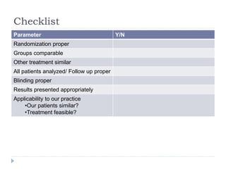 Checklist
Parameter Y/N
Randomization proper
Groups comparable
Other treatment similar
All patients analyzed/ Follow up proper
Blinding proper
Results presented appropriately
Applicability to our practice
•Our patients similar?
•Treatment feasible?
 