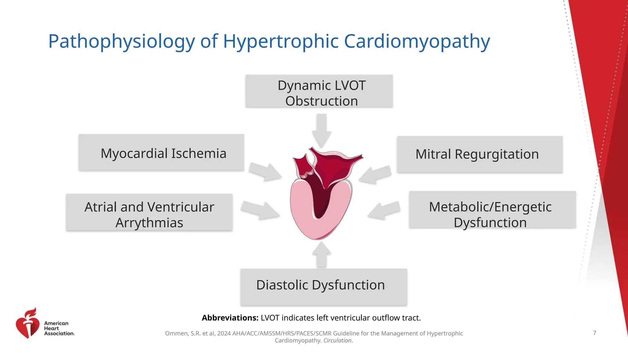 Ommen, S.R. et al, 2024 AHA/ACC/AMSSM/HRS/PACES/SCMR Guideline for the Management of Hypertrophic
Cardiomyopathy. Circulation.
Pathophysiology of Hypertrophic Cardiomyopathy
Dynamic LVOT
Obstruction
Mitral Regurgitation
Metabolic/Energetic
Dysfunction
Diastolic Dysfunction
Myocardial Ischemia
Abbreviations: LVOT indicates left ventricular outflow tract.
7
Atrial and Ventricular
Arrythmias
 