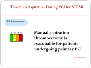 Thrombus Aspiration During PCI for STEMI

NEW Recommendation




     I IIa IIb III   Manual aspiration
                     thrombectomy is
                     reasonable for patients
                     undergoing primary PCI
                                        ACC/AHA 2013
 
