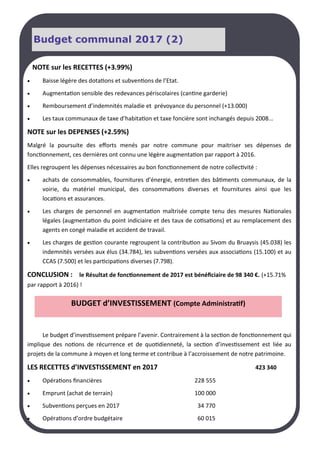Durant le circuit au départ de la Porte de Clichy dans les rues pit-
toresques, les randonneurs ont pu découvrir : le marché perma-
nent parisien, la place Pigale, le célèbre Moulin Rouge, les
vignes, la Place du Tertre, les moulins du Radet et de la Galette,
la maison de Toulouse Lautrec… et les 285 marches pour at-
teindre le parvis du Sacré-Cœur...
Budget communal 2017 (2)
NOTE sur les RECETTES (+3.99%)
 Baisse légère des dotations et subventions de l’Etat.
 Augmentation sensible des redevances périscolaires (cantine garderie)
 Remboursement d’indemnités maladie et prévoyance du personnel (+13.000)
 Les taux communaux de taxe d’habitation et taxe foncière sont inchangés depuis 2008...
NOTE sur les DEPENSES (+2.59%)
Malgré la poursuite des efforts menés par notre commune pour maitriser ses dépenses de
fonctionnement, ces dernières ont connu une légère augmentation par rapport à 2016.
Elles regroupent les dépenses nécessaires au bon fonctionnement de notre collectivité :
 achats de consommables, fournitures d’énergie, entretien des bâtiments communaux, de la
voirie, du matériel municipal, des consommations diverses et fournitures ainsi que les
locations et assurances.
 Les charges de personnel en augmentation maîtrisée compte tenu des mesures Nationales
légales (augmentation du point indiciaire et des taux de cotisations) et au remplacement des
agents en congé maladie et accident de travail.
 Les charges de gestion courante regroupent la contribution au Sivom du Bruaysis (45.038) les
indemnités versées aux élus (34.784), les subventions versées aux associations (15.100) et au
CCAS (7.500) et les participations diverses (7.798).
CONCLUSION : le Résultat de fonctionnement de 2017 est bénéficiaire de 98 340 €. (+15.71%
par rapport à 2016) !
Le budget d’investissement prépare l’avenir. Contrairement à la section de fonctionnement qui
implique des notions de récurrence et de quotidienneté, la section d’investissement est liée au
projets de la commune à moyen et long terme et contribue à l’accroissement de notre patrimoine.
LES RECETTES d’INVESTISSEMENT en 2017 423 340
 Opérations financières 228 555
 Emprunt (achat de terrain) 100 000
 Subventions perçues en 2017 34 770
 Opérations d’ordre budgétaire 60 015
BUDGET d’INVESTISSEMENT (Compte Administratif)
 