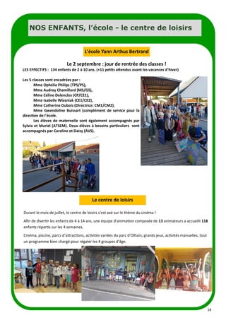 18
NOS ENFANTS, l’école - le centre de loisirs
Le 2 septembre : jour de rentrée des classes !
LES EFFECTIFS : 134 enfants de 2 à 10 ans. (+11 petits attendus avant les vacances d’hiver)
Les 5 classes sont encadrées par :
Mme Ophélie Philips (TPS/PS),
Mme Audrey Chamillard (MS/GS),
Mme Céline Delenclos (CP/CE1),
Mme Isabelle Wlasniak (CE1/CE2),
Mme Catherine Dubois (Directrice: CM1/CM2),
Mme Gwendoline Buissart (complément de service pour la
direction de l’école.
Les élèves de maternelle sont également accompagnés par
Sylvia et Muriel (ATSEM). Deux élèves à besoins particuliers sont
accompagnés par Caroline et Daisy (AVS).
L’école Yann Arthus Bertrand
Durant le mois de juillet, le centre de loisirs s’est axé sur le thème du cinéma !
Afin de divertir les enfants de 4 à 14 ans, une équipe d’animation composée de 13 animateurs a accueilli 118
enfants répartis sur les 4 semaines.
Cinéma, piscine, parcs d’attractions, activités variées du parc d’Olhain, grands jeux, activités manuelles, tout
un programme bien chargé pour régaler les 4 groupes d’âge.
Le centre de loisirs
 