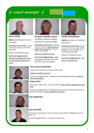5
Le conseil municipal 2
Marie-Claude STANISLAWSKI
Commissions communales: Finances, CCAS, culture
Membre au SIVOM du Bruaysis
Commissions agglomération : Aménagement et développement sportif, personnes
âgées et dépendance
Grégory STACH
Commissions communales : Travaux et chemins, appel d’offre et délégation de service
public
Commissions agglomération : Développement économique et emploi, administration
générale et finances, services techniques et urbanisme
Cathy KOBRZYNSKI
Cédric VOITURIER
Commissions communales: Travaux et chemins, appel d’offre et délégation de service
public, Sicv
Commissions agglomération : transport, environnement
Jacques CREPIN,
adjoint aux finances et à la com-
munication.
Commissions communales: Travaux
et chemins, Finances, communica-
tion,culture
Membre au SIVOM du Bruaysis
Commissions Agglomération :
Attractivité-développement territo-
rial, administration générale et fi-
nances
Georgette FAIDHERBE, adjointe
aux affaires scolaires à la petite
enfance et aux personnes âgées
Commissions communales: Travaux et
chemins, Finances, appel d’offres, dé-
légation de service public, communi-
cation, culture, SICV
Membre au SIVOM du Bruaysis
Commissions Agglomération : cohé-
sion sociale, développement territo-
rial, SCOT, aux personnes âgées
Matthieu BETHENCOURT,
Adjoint aux travaux, à la voirie et
aux chemins
Commissions communales: Travaux
et chemins, Finances, appel d’offres,
délégation de service public, com-
munication,culture, FDE
Membre au SIVOM du Bruaysis
Commissions Agglomération : rura-
lité, eau, environnement,
 