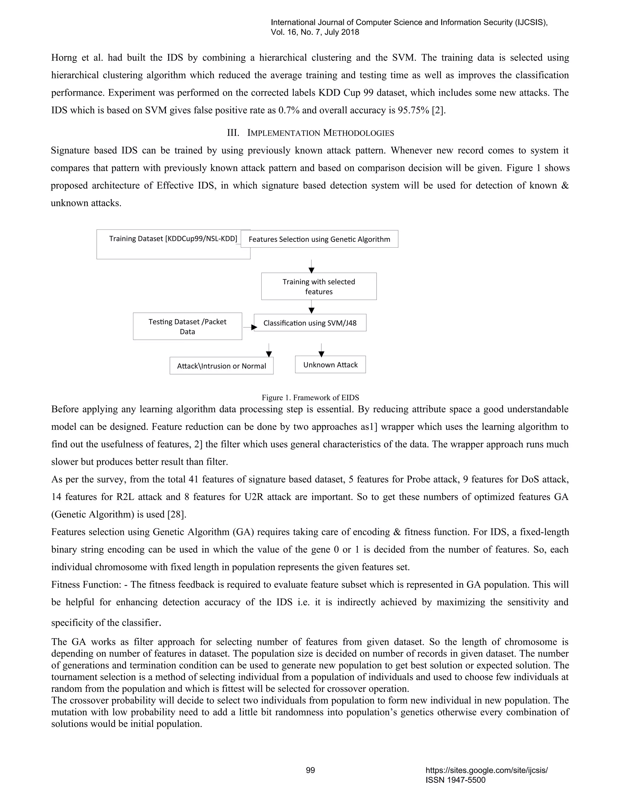 Training Dataset [KDDCup99/NSL-KDD] Features Selecton using Genetc Algorithm
Training with selected
features
Classifcaton using SVM/J48Testng Dataset /Packet
Data
AtackInntrusion or Normal Unknown Atack
Horng et al. had built the IDS by combining a hierarchical clustering and the SVM. The training data is selected using
hierarchical clustering algorithm which reduced the average training and testing time as well as improves the classification
performance. Experiment was performed on the corrected labels KDD Cup 99 dataset, which includes some new attacks. The
IDS which is based on SVM gives false positive rate as 0.7% and overall accuracy is 95.75% [2].
III. IMPLEMENTATION METHODOLOGIES
Signature based IDS can be trained by using previously known attack pattern. Whenever new record comes to system it
compares that pattern with previously known attack pattern and based on comparison decision will be given. Figure 1 shows
proposed architecture of Effective IDS, in which signature based detection system will be used for detection of known &
unknown attacks.
Figure 1. Framework of EIDS
Before applying any learning algorithm data processing step is essential. By reducing attribute space a good understandable
model can be designed. Feature reduction can be done by two approaches as1] wrapper which uses the learning algorithm to
find out the usefulness of features, 2] the filter which uses general characteristics of the data. The wrapper approach runs much
slower but produces better result than filter.
As per the survey, from the total 41 features of signature based dataset, 5 features for Probe attack, 9 features for DoS attack,
14 features for R2L attack and 8 features for U2R attack are important. So to get these numbers of optimized features GA
(Genetic Algorithm) is used [28].
Features selection using Genetic Algorithm (GA) requires taking care of encoding & fitness function. For IDS, a fixed-length
binary string encoding can be used in which the value of the gene 0 or 1 is decided from the number of features. So, each
individual chromosome with fixed length in population represents the given features set.
Fitness Function: - The fitness feedback is required to evaluate feature subset which is represented in GA population. This will
be helpful for enhancing detection accuracy of the IDS i.e. it is indirectly achieved by maximizing the sensitivity and
specificity of the classifier.
The GA works as filter approach for selecting number of features from given dataset. So the length of chromosome is
depending on number of features in dataset. The population size is decided on number of records in given dataset. The number
of generations and termination condition can be used to generate new population to get best solution or expected solution. The
tournament selection is a method of selecting individual from a population of individuals and used to choose few individuals at
random from the population and which is fittest will be selected for crossover operation.
The crossover probability will decide to select two individuals from population to form new individual in new population. The
mutation with low probability need to add a little bit randomness into population’s genetics otherwise every combination of
solutions would be initial population.
International Journal of Computer Science and Information Security (IJCSIS),
Vol. 16, No. 7, July 2018
99 https://sites.google.com/site/ijcsis/
ISSN 1947-5500
 