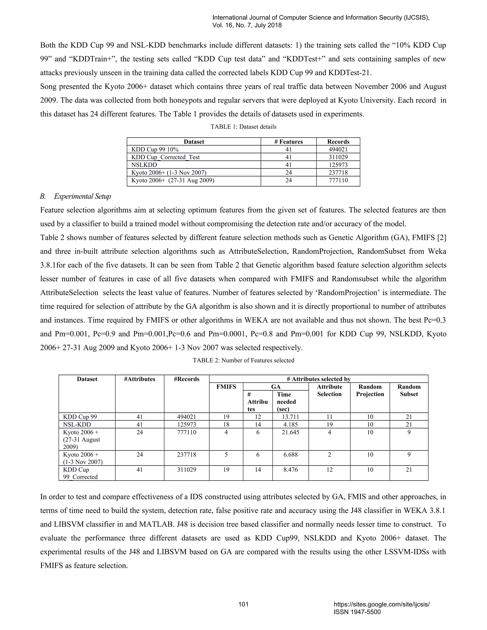 Both the KDD Cup 99 and NSL-KDD benchmarks include different datasets: 1) the training sets called the “10% KDD Cup
99” and “KDDTrain+”, the testing sets called “KDD Cup test data” and “KDDTest+” and sets containing samples of new
attacks previously unseen in the training data called the corrected labels KDD Cup 99 and KDDTest-21.
Song presented the Kyoto 2006+ dataset which contains three years of real traffic data between November 2006 and August
2009. The data was collected from both honeypots and regular servers that were deployed at Kyoto University. Each record in
this dataset has 24 different features. The Table 1 provides the details of datasets used in experiments.
TABLE 1: Dataset details
Dataset # Features Records
KDD Cup 99 10% 41 494021
KDD Cup_Corrected_Test 41 311029
NSLKDD 41 125973
Kyoto 2006+ (1-3 Nov 2007) 24 237718
Kyoto 2006+ (27-31 Aug 2009) 24 777110
B. Experimental Setup
Feature selection algorithms aim at selecting optimum features from the given set of features. The selected features are then
used by a classifier to build a trained model without compromising the detection rate and/or accuracy of the model.
Table 2 shows number of features selected by different feature selection methods such as Genetic Algorithm (GA), FMIFS [2]
and three in-built attribute selection algorithms such as AttributeSelection, RandomProjection, RandomSubset from Weka
3.8.1for each of the five datasets. It can be seen from Table 2 that Genetic algorithm based feature selection algorithm selects
lesser number of features in case of all five datasets when compared with FMIFS and Randomsubset while the algorithm
AttributeSelection selects the least value of features. Number of features selected by ‘RandomProjection’ is intermediate. The
time required for selection of attribute by the GA algorithm is also shown and it is directly proportional to number of attributes
and instances. Time required by FMIFS or other algorithms in WEKA are not available and thus not shown. The best Pc=0.3
and Pm=0.001, Pc=0.9 and Pm=0.001,Pc=0.6 and Pm=0.0001, Pc=0.8 and Pm=0.001 for KDD Cup 99, NSLKDD, Kyoto
2006+ 27-31 Aug 2009 and Kyoto 2006+ 1-3 Nov 2007 was selected respectively.
TABLE 2: Number of Features selected
Dataset #Attributes #Records # Attributes selected by
FMIFS GA Attribute
Selection
Random
Projection
Random
Subset#
Attribu
tes
Time
needed
(sec)
KDD Cup 99 41 494021 19 12 13.711 11 10 21
NSL-KDD 41 125973 18 14 4.185 19 10 21
Kyoto 2006 +
(27-31 August
2009)
24 777110 4 6 21.645 4 10 9
Kyoto 2006 +
(1-3 Nov 2007)
24 237718 5 6 6.688 2 10 9
KDD Cup
99_Corrected
41 311029 19 14 8.476 12 10 21
In order to test and compare effectiveness of a IDS constructed using attributes selected by GA, FMIS and other approaches, in
terms of time need to build the system, detection rate, false positive rate and accuracy using the J48 classifier in WEKA 3.8.1
and LIBSVM classifier in and MATLAB. J48 is decision tree based classifier and normally needs lesser time to construct. To
evaluate the performance three different datasets are used as KDD Cup99, NSLKDD and Kyoto 2006+ dataset. The
experimental results of the J48 and LIBSVM based on GA are compared with the results using the other LSSVM-IDSs with
FMIFS as feature selection.
International Journal of Computer Science and Information Security (IJCSIS),
Vol. 16, No. 7, July 2018
101 https://sites.google.com/site/ijcsis/
ISSN 1947-5500
 
