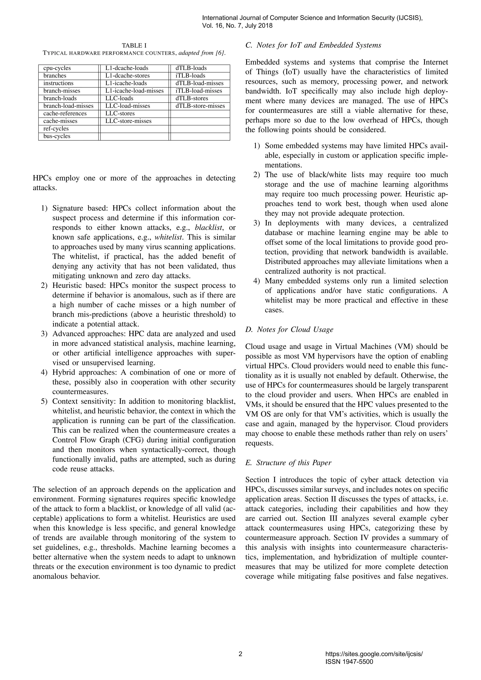 TABLE I
TYPICAL HARDWARE PERFORMANCE COUNTERS, adapted from [6].
cpu-cycles L1-dcache-loads dTLB-loads
branches L1-dcache-stores iTLB-loads
instructions L1-icache-loads dTLB-load-misses
branch-misses L1-icache-load-misses iTLB-load-misses
branch-loads LLC-loads dTLB-stores
branch-load-misses LLC-load-misses dTLB-store-misses
cache-references LLC-stores
cache-misses LLC-store-misses
ref-cycles
bus-cycles
HPCs employ one or more of the approaches in detecting
attacks.
1) Signature based: HPCs collect information about the
suspect process and determine if this information cor-
responds to either known attacks, e.g., blacklist, or
known safe applications, e.g., whitelist. This is similar
to approaches used by many virus scanning applications.
The whitelist, if practical, has the added beneﬁt of
denying any activity that has not been validated, thus
mitigating unknown and zero day attacks.
2) Heuristic based: HPCs monitor the suspect process to
determine if behavior is anomalous, such as if there are
a high number of cache misses or a high number of
branch mis-predictions (above a heuristic threshold) to
indicate a potential attack.
3) Advanced approaches: HPC data are analyzed and used
in more advanced statistical analysis, machine learning,
or other artiﬁcial intelligence approaches with super-
vised or unsupervised learning.
4) Hybrid approaches: A combination of one or more of
these, possibly also in cooperation with other security
countermeasures.
5) Context sensitivity: In addition to monitoring blacklist,
whitelist, and heuristic behavior, the context in which the
application is running can be part of the classiﬁcation.
This can be realized when the countermeasure creates a
Control Flow Graph (CFG) during initial conﬁguration
and then monitors when syntactically-correct, though
functionally invalid, paths are attempted, such as during
code reuse attacks.
The selection of an approach depends on the application and
environment. Forming signatures requires speciﬁc knowledge
of the attack to form a blacklist, or knowledge of all valid (ac-
ceptable) applications to form a whitelist. Heuristics are used
when this knowledge is less speciﬁc, and general knowledge
of trends are available through monitoring of the system to
set guidelines, e.g., thresholds. Machine learning becomes a
better alternative when the system needs to adapt to unknown
threats or the execution environment is too dynamic to predict
anomalous behavior.
C. Notes for IoT and Embedded Systems
Embedded systems and systems that comprise the Internet
of Things (IoT) usually have the characteristics of limited
resources, such as memory, processing power, and network
bandwidth. IoT speciﬁcally may also include high deploy-
ment where many devices are managed. The use of HPCs
for countermeasures are still a viable alternative for these,
perhaps more so due to the low overhead of HPCs, though
the following points should be considered.
1) Some embedded systems may have limited HPCs avail-
able, especially in custom or application speciﬁc imple-
mentations.
2) The use of black/white lists may require too much
storage and the use of machine learning algorithms
may require too much processing power. Heuristic ap-
proaches tend to work best, though when used alone
they may not provide adequate protection.
3) In deployments with many devices, a centralized
database or machine learning engine may be able to
offset some of the local limitations to provide good pro-
tection, providing that network bandwidth is available.
Distributed approaches may alleviate limitations when a
centralized authority is not practical.
4) Many embedded systems only run a limited selection
of applications and/or have static conﬁgurations. A
whitelist may be more practical and effective in these
cases.
D. Notes for Cloud Usage
Cloud usage and usage in Virtual Machines (VM) should be
possible as most VM hypervisors have the option of enabling
virtual HPCs. Cloud providers would need to enable this func-
tionality as it is usually not enabled by default. Otherwise, the
use of HPCs for countermeasures should be largely transparent
to the cloud provider and users. When HPCs are enabled in
VMs, it should be ensured that the HPC values presented to the
VM OS are only for that VM’s activities, which is usually the
case and again, managed by the hypervisor. Cloud providers
may choose to enable these methods rather than rely on users’
requests.
E. Structure of this Paper
Section I introduces the topic of cyber attack detection via
HPCs, discusses similar surveys, and includes notes on speciﬁc
application areas. Section II discusses the types of attacks, i.e.
attack categories, including their capabilities and how they
are carried out. Section III analyzes several example cyber
attack countermeasures using HPCs, categorizing these by
countermeasure approach. Section IV provides a summary of
this analysis with insights into countermeasure characteris-
tics, implementation, and hybridization of multiple counter-
measures that may be utilized for more complete detection
coverage while mitigating false positives and false negatives.
International Journal of Computer Science and Information Security (IJCSIS),
Vol. 16, No. 7, July 2018
2 https://sites.google.com/site/ijcsis/
ISSN 1947-5500
 