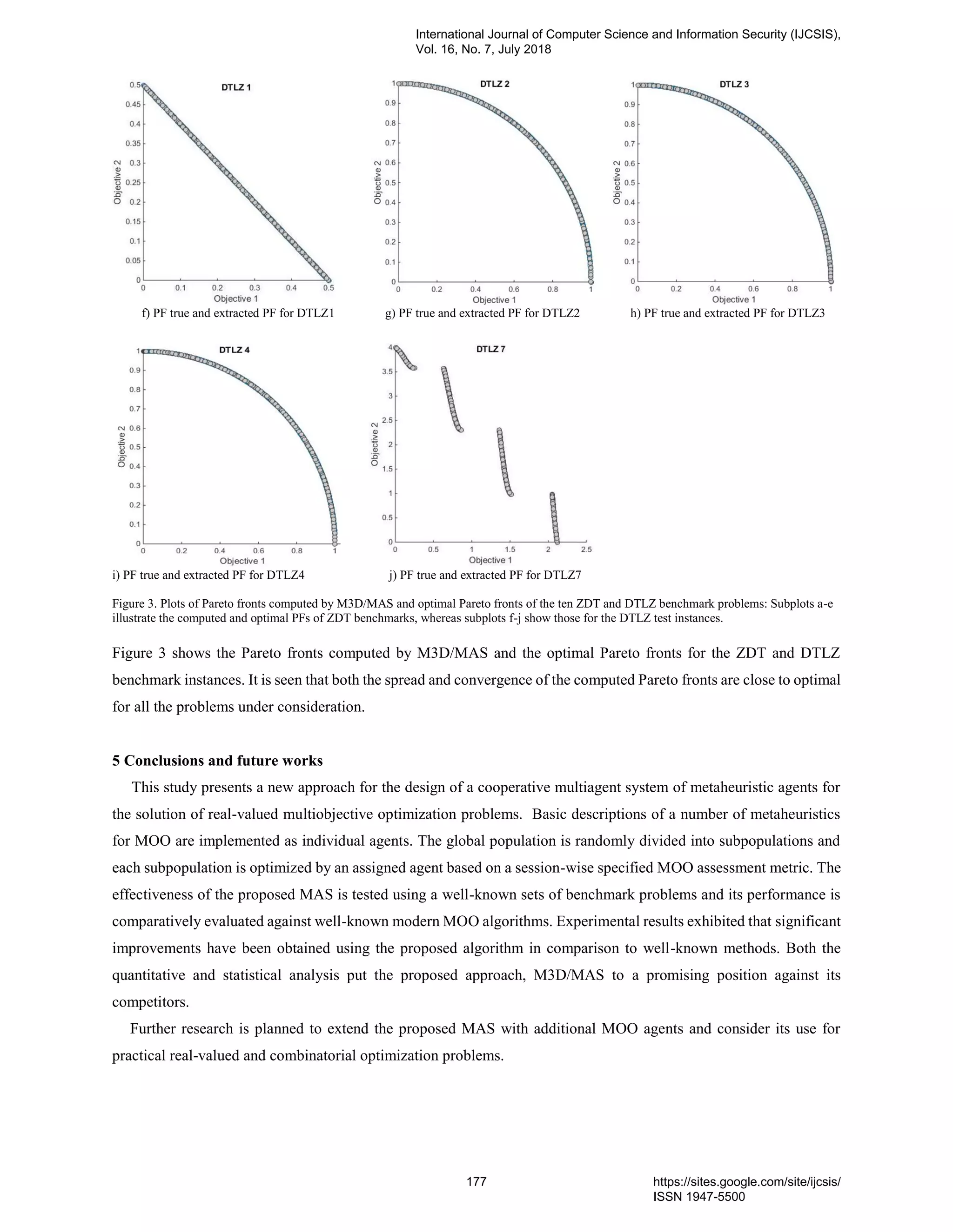 f) PF true and extracted PF for DTLZ1 g) PF true and extracted PF for DTLZ2 h) PF true and extracted PF for DTLZ3
i) PF true and extracted PF for DTLZ4 j) PF true and extracted PF for DTLZ7
Figure 3. Plots of Pareto fronts computed by M3D/MAS and optimal Pareto fronts of the ten ZDT and DTLZ benchmark problems: Subplots a-e
illustrate the computed and optimal PFs of ZDT benchmarks, whereas subplots f-j show those for the DTLZ test instances.
Figure 3 shows the Pareto fronts computed by M3D/MAS and the optimal Pareto fronts for the ZDT and DTLZ
benchmark instances. It is seen that both the spread and convergence of the computed Pareto fronts are close to optimal
for all the problems under consideration.
5 Conclusions and future works
This study presents a new approach for the design of a cooperative multiagent system of metaheuristic agents for
the solution of real-valued multiobjective optimization problems. Basic descriptions of a number of metaheuristics
for MOO are implemented as individual agents. The global population is randomly divided into subpopulations and
each subpopulation is optimized by an assigned agent based on a session-wise specified MOO assessment metric. The
effectiveness of the proposed MAS is tested using a well-known sets of benchmark problems and its performance is
comparatively evaluated against well-known modern MOO algorithms. Experimental results exhibited that significant
improvements have been obtained using the proposed algorithm in comparison to well-known methods. Both the
quantitative and statistical analysis put the proposed approach, M3D/MAS to a promising position against its
competitors.
Further research is planned to extend the proposed MAS with additional MOO agents and consider its use for
practical real-valued and combinatorial optimization problems.
International Journal of Computer Science and Information Security (IJCSIS),
Vol. 16, No. 7, July 2018
177 https://sites.google.com/site/ijcsis/
ISSN 1947-5500
 