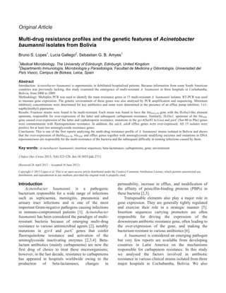 Original Article
Multi-drug resistance profiles and the genetic features of Acinetobacter
baumannii isolates from Bolivia
Bruno S. Lopes1
, Lucía Gallego2
, Sebastian G. B. Amyes1
1
Medical Microbiology, The University of Edinburgh, Edinburgh, United Kingdom
2
Departmento Inmunología, Microbiología y Parasitología, Facultad de Medicina y Odontología, Universidad del
País Vasco, Campus de Bizkaia, Leioa, Spain
Abstract
Introduction: Acinetobacter baumannii is opportunistic in debilitated hospitalised patients. Because information from some South American
countries was previously lacking, this study examined the emergence of multi-resistant A. baumannii in three hospitals in Cochabamba,
Bolivia, from 2008 to 2009.
Methodology: Multiplex PCR was used to identify the main resistance genes in 15 multi-resistant A. baumannii isolates. RT-PCR was used
to measure gene expression. The genetic environment of these genes was also analysed by PCR amplification and sequencing. Minimum
inhibitory concentrations were determined for key antibiotics and some were determined in the presence of an efflux pump inhibitor, 1-(1-
napthylmethyl) piperazine.
Results: Fourteen strains were found to be multi-resistant. Each strain was found to have the blaOXA-58 gene with the ISAba3-like element
upstream, responsible for over-expression of the latter and subsequent carbapenem resistance. Similarly, ISAba1, upstream of the blaADC
gene caused over-expression of the latter and cephalosporin resistance; mutations in the gyrA(Ser83 to Leu) and parC (Ser-80 to Phe) genes
were commensurate with fluoroquinolone resistance. In addition, the adeA, adeB efflux genes were over-expressed. All 15 isolates were
positive for at least two aminoglycoside resistance genes.
Conclusion: This is one of the first reports analyzing the multi-drug resistance profile of A. baumannii strains isolated in Bolivia and shows
that the over-expression of theblaOXA-58, blaADC and efflux genes together with aminoglycoside modifying enzymes and mutations in DNA
topoisomerases are responsible for the multi-resistance of the bacteria and the subsequent difficulty in treating infections caused by them.
Key words: Acinetobacter baumannii; insertion sequences; beta-lactamases; carbapenems; gene; environment
J Infect Dev Ctries 2013; 7(4):323-328. doi:10.3855/jidc.2711
(Received 26 April 2012 – Accepted 16 June 2012)
Copyright © 2013 Lopes et al. This is an open-access article distributed under the Creative Commons Attribution License, which permits unrestricted use,
distribution, and reproduction in any medium, provided the original work is properly cited.
Introduction
Acinetobacter baumannii is a pathogenic
bacterium responsible for a wide range of infections
such as septicaemia, meningitis, pneumonia and
urinary tract infections and is one of the most
important Gram-negative pathogens causing infections
in immuno-compromised patients [1]. Acinetobacter
baumannii has been considered the paradigm of multi-
resistant bacteria because of emerging multi-drug
resistance to various antimicrobial agents [2], notably
mutations in gyrA and parC genes that confer
fluoroquinolone resistance and activation of the
aminoglycoside inactivating enzymes [2,3,4]. Beta-
lactam antibiotics (mainly carbapenems) are now the
first drug of choice to treat these microorganisms;
however, in the last decade, resistance to carbapenems
has appeared in hospitals worldwide owing to the
production of beta-lactamases, changes in
permeability, increase in efflux, and modification of
the affinity of penicillin-binding proteins (PBPs) in
these bacteria [2,3].
Transposable elements also play a major role in
gene expression. They are generally tightly regulated
and exercise their role in a strategic manner [5].
Insertion sequences carrying promoters are often
responsible for driving the expression of the
downstream antibiotic resistance gene, often leading to
the over-expression of the gene, and making the
bacterium resistant to various antibiotics [6].
A. baumannii is considered an emerging pathogen
but very few reports are available from developing
countries in Latin America on the mechanisms
responsible for carbapenem resistance. In this study
we analysed the factors involved in antibiotic
resistance in various clinical strains isolated from three
major hospitals in Cochabamba, Bolivia. We also
 