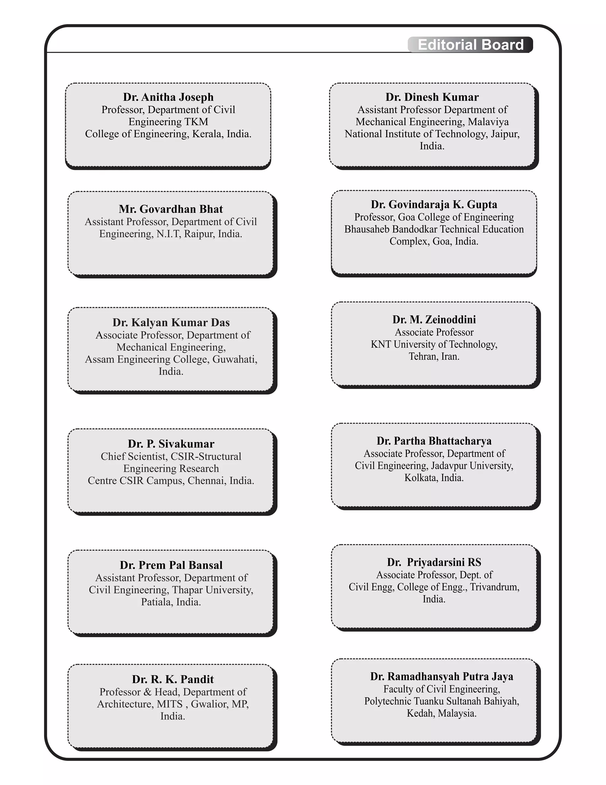 Editorial Board
Dr. Anitha Joseph
Professor, Department of Civil
Engineering TKM
College of Engineering, Kerala, India.
Mr. Govardhan Bhat
Assistant Professor, Department of Civil
Engineering, N.I.T, Raipur, India.
Dr. Kalyan Kumar Das
ssociate Professor, Department ofA
Mechanical Engineering,
Assam Engineering College, Guwahati,
India.
Dr. M. Zeinoddini
Associate Professor
KNT University of Technology,
Tehran, Iran.
Dr. Govindaraja K. Gupta
Professor, Goa College of Engineering
Bhausaheb Bandodkar Technical Education
Complex, Goa, India.
Dr. Dinesh Kumar
Assistant Professor Department of
Mechanical Engineering, Malaviya
National Institute of Technology, Jaipur,
India.
Dr. P. Sivakumar
Chief Scientist, CSIR-Structural
Engineering Research
Centre CSIR Campus, Chennai, India.
Dr. Partha Bhattacharya
Associate Professor, Department of
Civil Engineering, Jadavpur University,
Kolkata, India.
Dr. Prem Pal Bansal
Assistant Professor, Department of
Civil Engineering, Thapar University,
Patiala, India.
Dr. Priyadarsini RS
Associate Professor, Dept. of
Civil Engg, College of Engg., Trivandrum,
India.
Dr. R. K. Pandit
Professor & Head, Department of
Architecture, MITS , Gwalior, MP,
India.
Dr. Ramadhansyah Putra Jaya
Faculty of Civil Engineering,
Polytechnic Tuanku Sultanah Bahiyah,
Kedah, Malaysia.
 